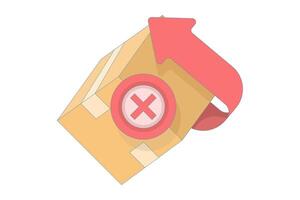 Concept of return, failed delivery, order cancellation, rejected package, or product issue. Illustration of a box with a rotating arrow and a cross in the middle. Flat illustration on a background vector