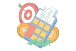 calculator, target, rising graph and gold coins, symbolizing financial goals and success. success and development. financial gain and business strategy. flat illustration. vector