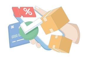 Online shopping concept with hand and smartphone icons, payment cards, discount coupons and package boxes. Suitable for e-commerce and digital marketing. Simple minimalist style illustration. vector