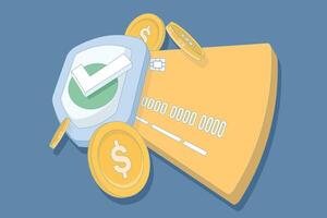 payment card, coin and shield with check mark. Online payment, financial currency transaction system. Secure payment concept, approval, financial protection, e-wallet, online banking security. vector