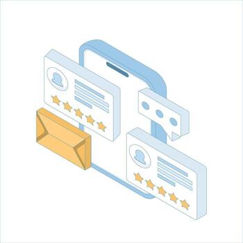 illustration about Customer reviews on screen, Marketing strategy review, Customer profile analysis concept. Data from ratings, reviews and performance graphs. flat design. vector