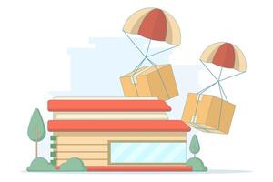 E-commerce business concept. This business model involves opening an e-commerce website and having suppliers ship products directly to customers, packages descending by parachute. vector