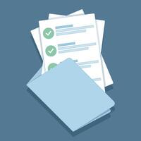 Document Concept. Contract document. Business stationery documentation. Folder with stamp and text. Agreement with signature and approval stamp. Folder and stack of papers. flat design. vector