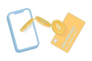floating coin icon illustration of payment card. concept of e-payment mobile phone, mobile top up, cashless transaction, card to wallet. flat design illustration on background. vector