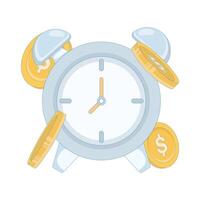 alarm clock and coin illustration in flat style. money investment concept, financial income and savings, fast money. investing money to grow. time illustration with background. vector