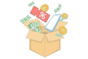 Open Gift Box Package Inside There Are Gold Coins, Piggy Bank, Mobile Phone and Floating Discount Coupon. Concept of Save Money, Online Shopping, Promotion. Flat Design Illustration. vector