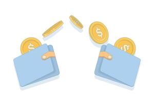 Money transfer or payment concept. two wallets exchanging gold coins. Digital Wallet, Secure Payment, Transfer. Icon illustration in cartoon style. vector