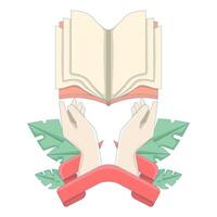illustration Happy world book day. World book day label. illustration of two hands with open book and red ribbon. Education and knowledge concept. flat illustration on background. vector