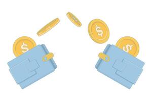 flat illustration Digital Wallet, Secure Payment, Transfer. Money transfer or payment concept. two wallets exchanging gold coins. Icon illustration in cartoon style on background. vector