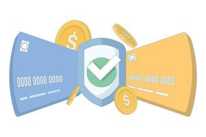 Secure payment concept, approval, financial protection, e-wallet, online banking security.payment card, coin and shield with check mark. Online payment, financial currency transaction system. vector