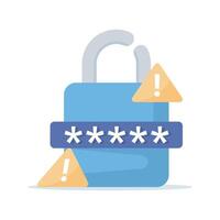 illustration of a broken padlock with an exclamation mark. Notification of an error that occurred in the security and protection system. Warning that the password has been hacked and leaked. vector