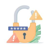concept of user privacy protection. illustration of a broken padlock with an exclamation mark. Notification of an error that occurred in the security system. suspicious activity. symbol vector