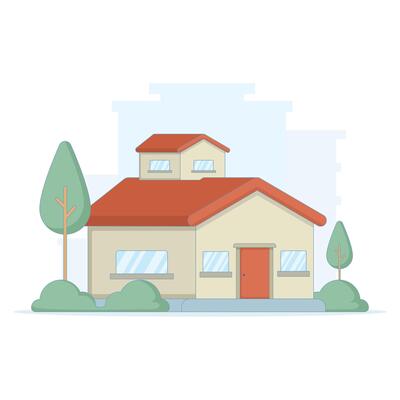 House Building Illustration. House with gable roof, door, windows, green plants outdoors. Isolated Building and Landmark Icons. Suitable for Landing Page, Banner, Sticker.