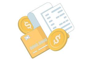 illustration Payment card with receipt, Online payment with debit card. expense tracking, financial management, Paying with electronic money. flat design on background. vector