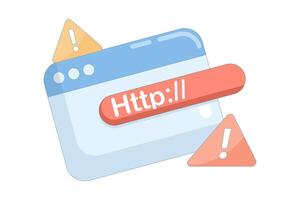 illustration of unsafe URL, http symbol and warning or danger sign. dangerous and suspicious link. unsafe website address. dangerous link concept. flat design. vector