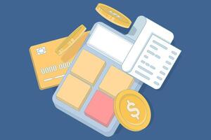 Budget tracking concept. Calculator, receipts, gold coins and credit cards, symbolize expense tracking and budgeting. Money calculator in flat line style. Flat design illustration. vector