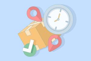 Delivery box, clock, and location markers vector