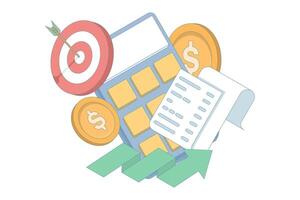 illustration of calculator, target, rising graph and gold coins, symbolizing financial goals and success. success and development. financial gain and business strategy. vector