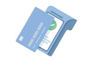 illustration of contactless payment with payment card. Banking via mobile phone blank screen via terminal. POS terminal for contactless payment. Flat design. vector