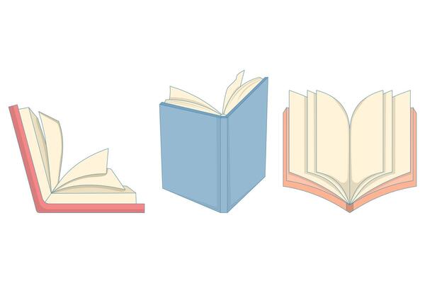 Open Book Concept. Set of open books. Books for reading. Educational textbooks for gaining knowledge. Paper text carrier. illustration