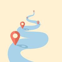 Business project milestone road concept. Can be a symbol of route in business. Road and pin. Starting from road and path with marker. Blue road in desert with bright sun and gps pin on route. vector