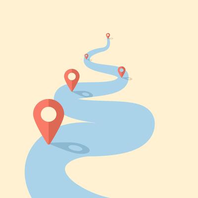 Business project milestone road concept. Can be a symbol of route in business. Road and pin. Starting from road and path with marker. Blue road in desert with bright sun and gps pin on route.