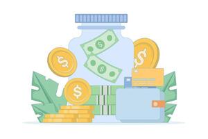 Piggy bank with wallet and payment cards, symbolizing personal savings, budgeting and the importance of building savings for a secure future. flat illustration on background. vector
