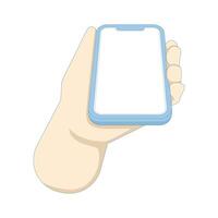 flat illustration of hand holding mobile phone, showing recommendation, advertising mobile app.Mobile phone screen in hand. blank smartphone display, flat illustration isolated on background. vector