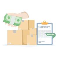 Import Tax concept. import declaration tax form. Box and hand with money bag. Worldwide shipping, logistics, delivery service, export control. flat illustration on background. vector