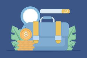 project or job search concept. job search bar or project. looking for new job opportunities. search site. magnifying glass, briefcase, books, equipment, and coins. flat illustration. vector