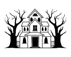 Spooky haunted house silhouette with bare trees perfect for halloween celebration designs vector