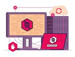 Ransomware Attack Desktop PC Computer, Laptop Computer and Cloud Server for Cyber Crime and Malware Concept Illustration vector