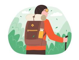 Backpacker Man Hiking in Forest for Outdoor Adventure Recreation Activity Concept Illustration vector