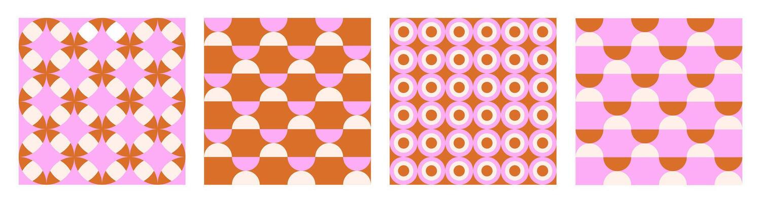 Trendy retro set geometric seamless patterns with colorful semicircles and circles. Modern abstract background. Orange, beige and pink colors.