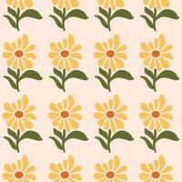 Seamless pattern with hand drawn flowers on a beige background. Cute floral minimal print. Yellow, green and beige colors vector