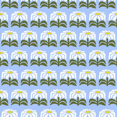 Seamless pattern with hand drawn flowers on a blue background. Cute floral minimal print. White, green and blue colors.