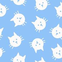 Seamless pattern with cute head cats. Hand drawn fun childish print. Blue and white colors. vector