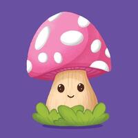 Cute Cartoon Mushroom with Smiling Face and Bushy Green Grass vector