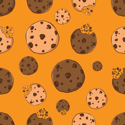 Seamless Chocolate Chip Cookie Pattern on Orange Background