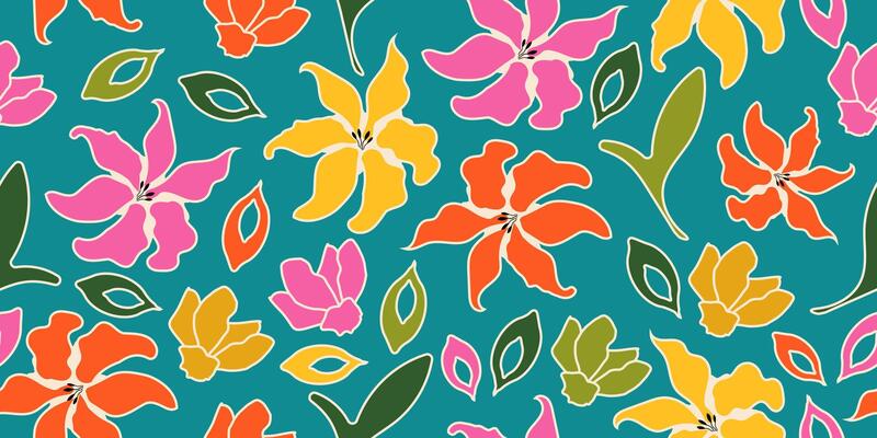 Batik hand drawn colorful flowers, seamless patterns with floral for fabric, textiles, clothing, wallpaper, wall art, cover, banner, home decor, abstract backgrounds.