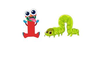 Playful animation of the letter I interacting with a cartoon inchworm, highlighting alphabet learning with vibrant colors and simple movements video