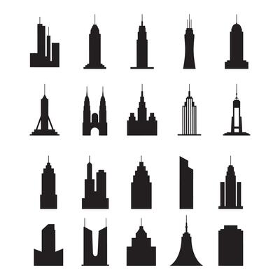 Black Silhouettes of Various Skyscrapers and Buildings on White Background