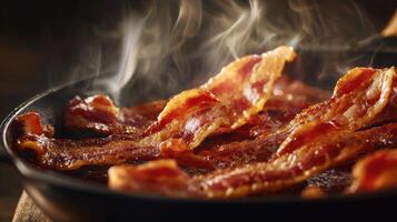 Crispy bacon sizzling in a pan photo