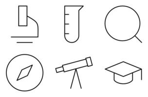Science and Laboratory Equipment Line Icon Set, such as microscope, test tube, magnifying glass, compass, telescope, and graduation cap vector