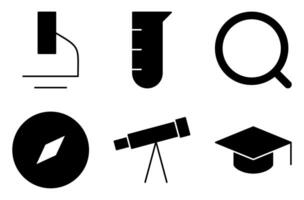 Science and Laboratory Equipment Solid Icon Set, such as microscope, test tube, magnifying glass, compass, telescope, and graduation cap vector
