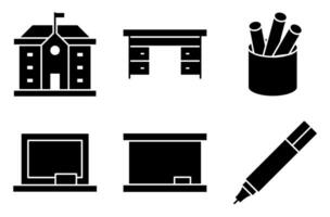 School Environment Solid Icon Set, such as building, classroom furniture, board, and stationery vector