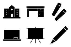 Solid School Furniture and Tools Icon Set, such as blackboard, desk, chalk, and whiteboard marker vector