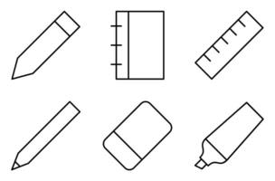 Writing and Stationery Supplies Line Icon Set, such as pencil, notebook, ruler, pen, eraser, and highlighter vector