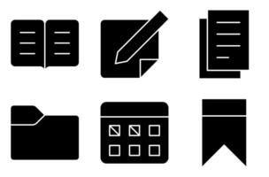 Books and Paper Materials Solid Icon Set, such as book, writing paper, paper, folder, class schedule, and bookmark vector