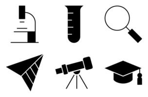 Scientific Tools Solid Icon Set, such as test tube, telescope, microscope, magnifying glass, and graduation cap vector